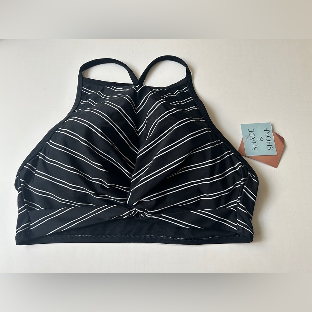 Shade & Shore Women’s Highneck Twist-Front Longline Bikini Top Black Stripe L